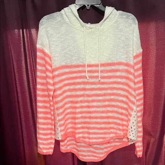It's Our Time Tops - It's Our Time Coral and Cream Striped Hoodie